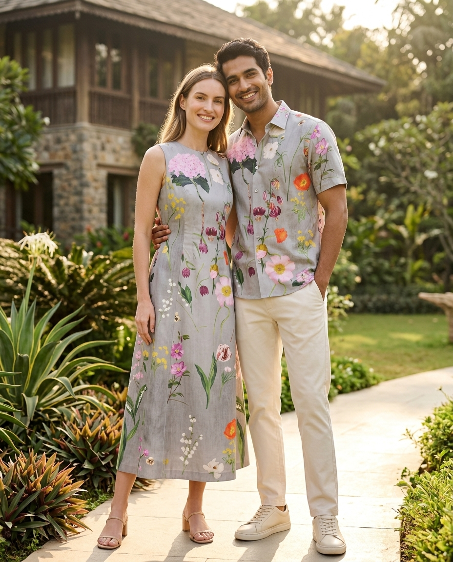 Grey Floral Matching Couple Set