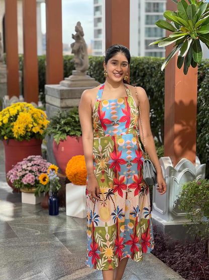 Tropical Print Halter Midi Dress