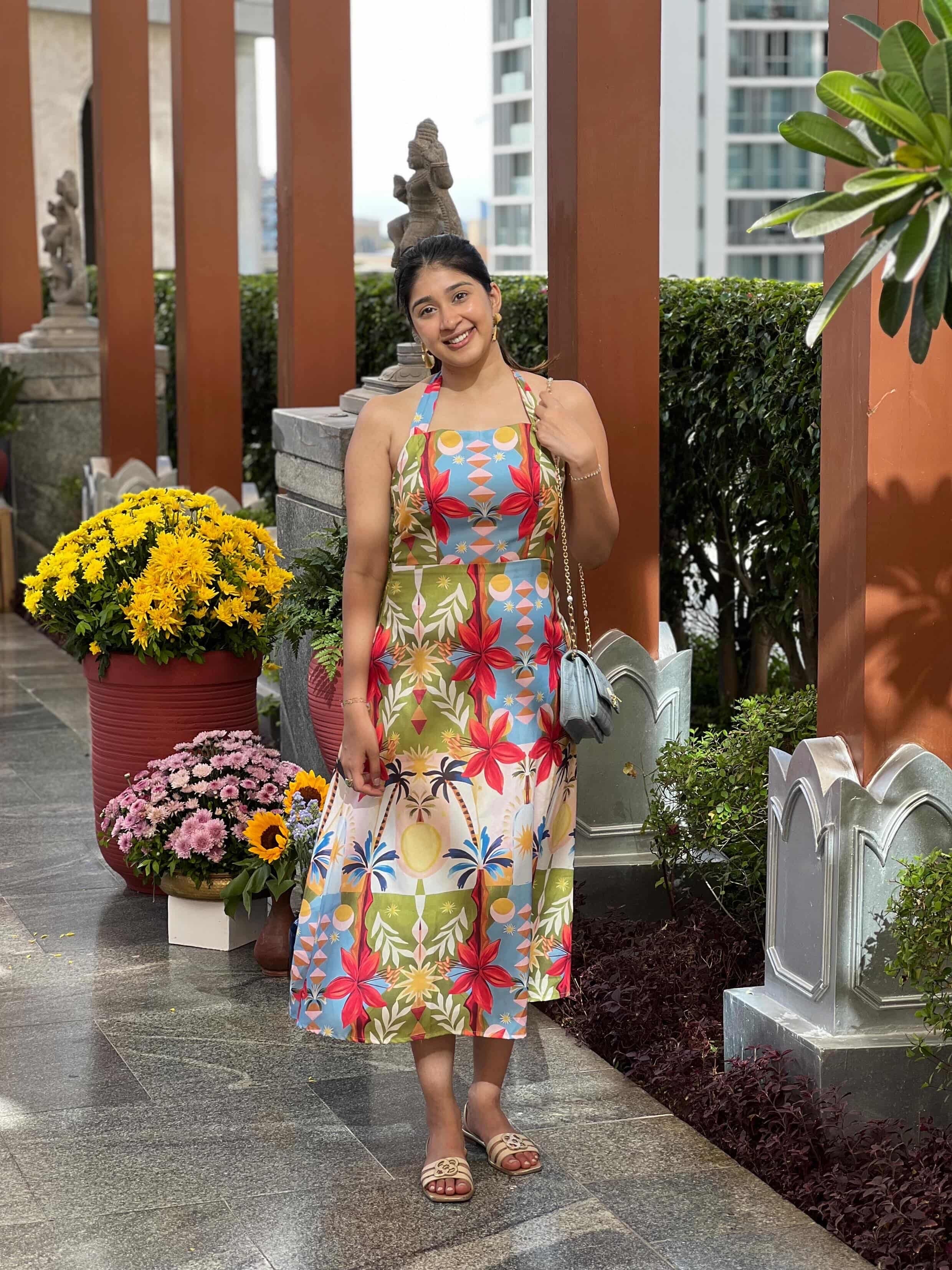 Tropical Print Halter Midi Dress
