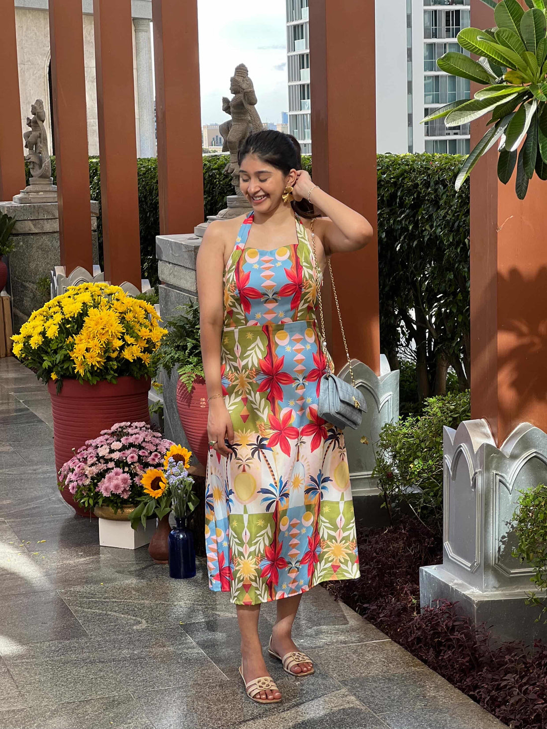 Tropical Print Halter Midi Dress