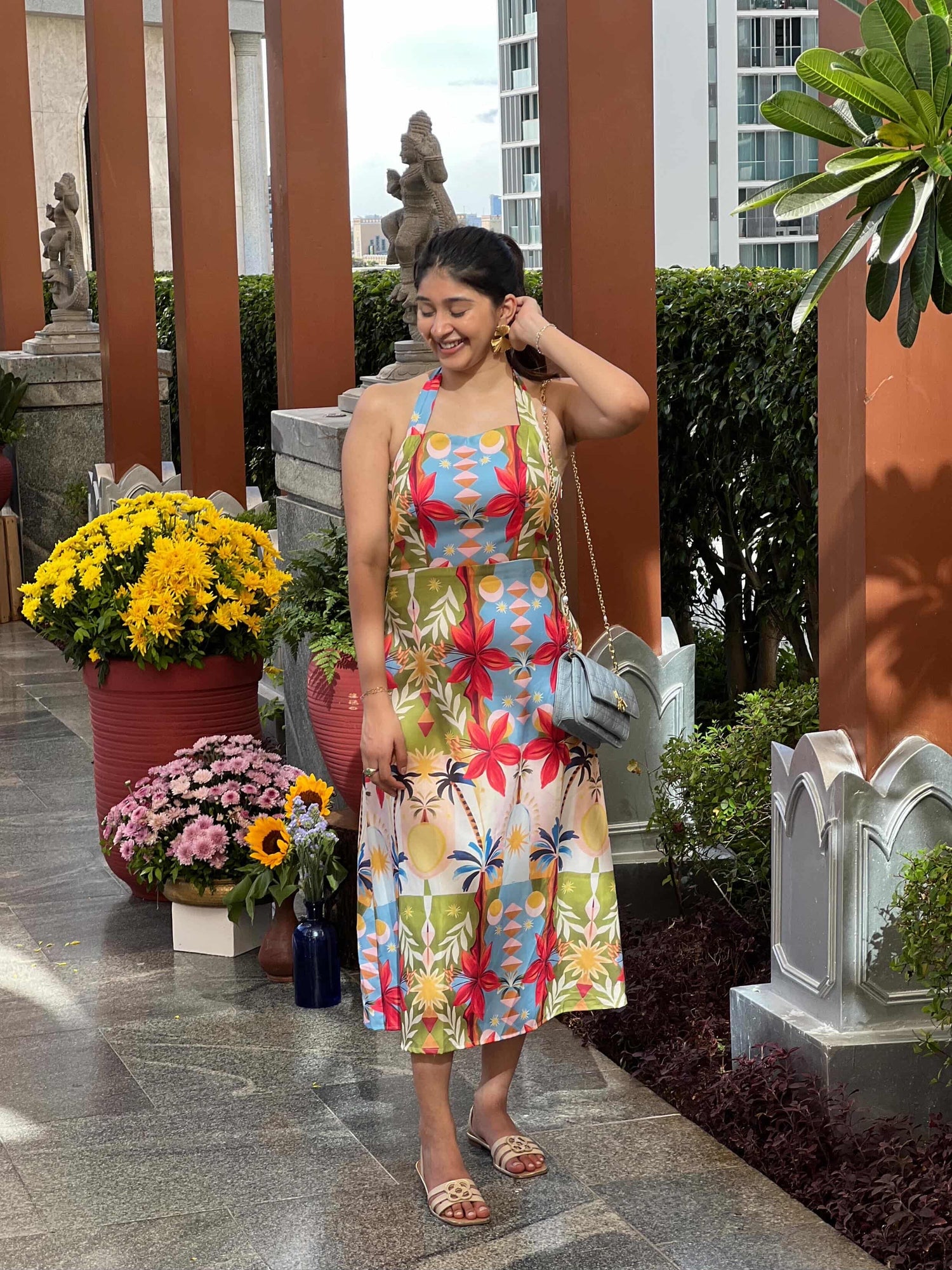 Tropical Print Halter Midi Dress