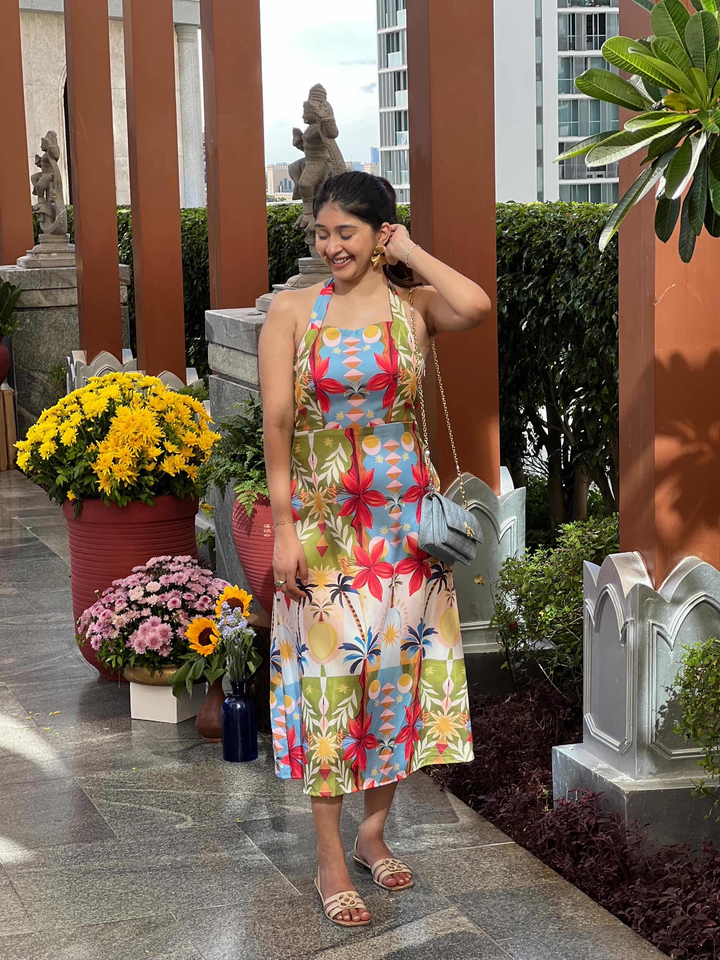 Tropical Print Halter Midi Dress