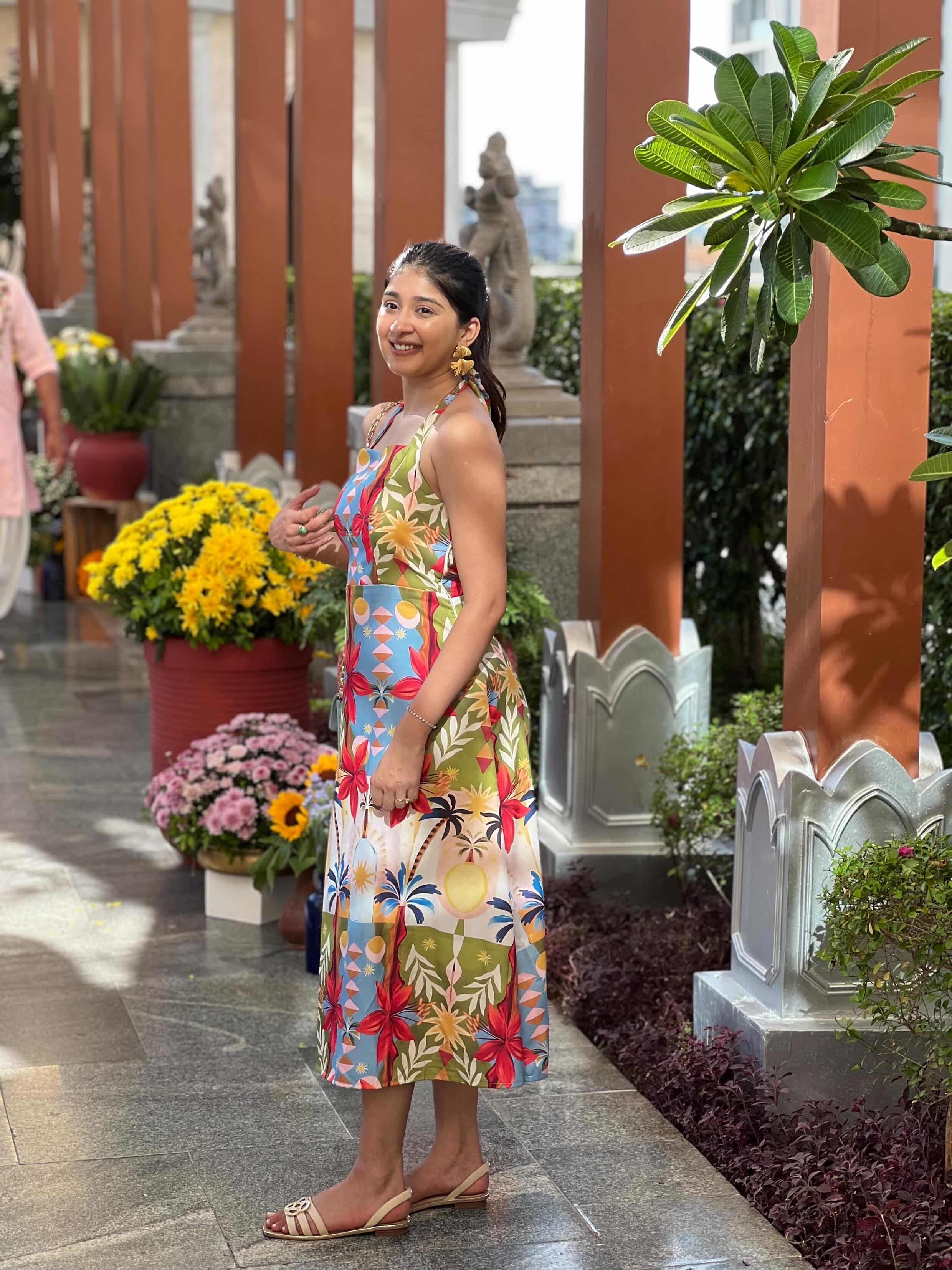 Tropical Print Halter Midi Dress