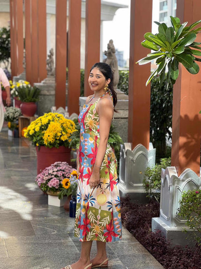 Tropical Print Halter Midi Dress