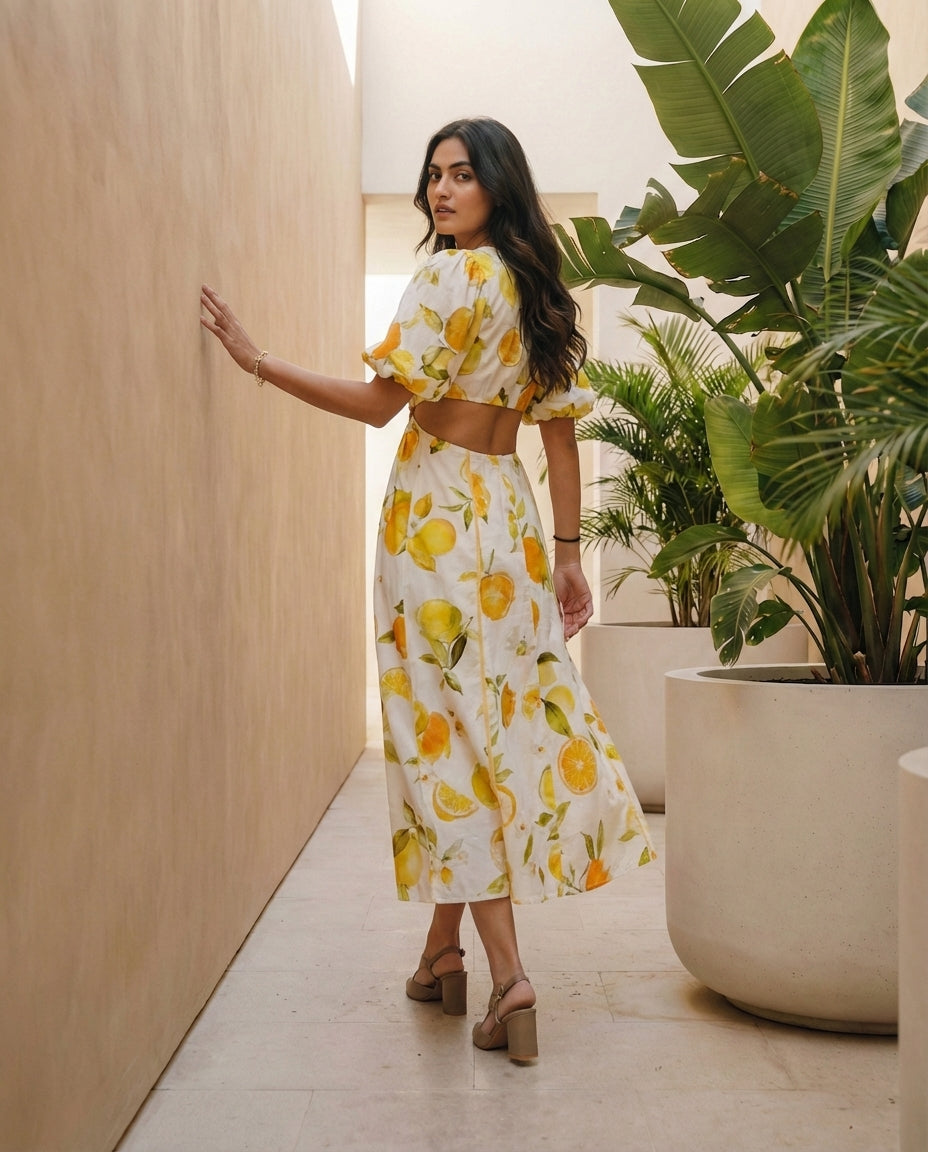 Elegant Citrus Printed Cut-Out Dress
