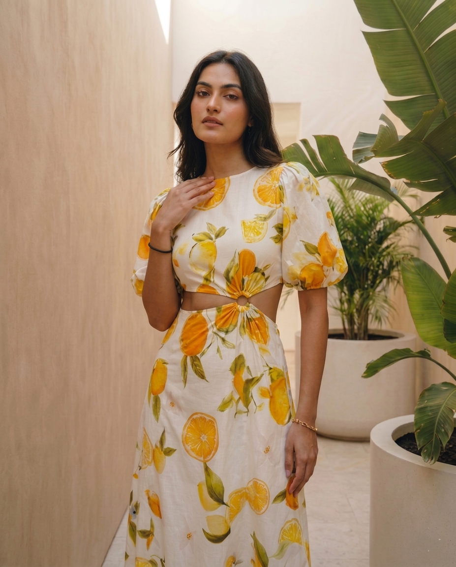 Elegant Citrus Printed Cut-Out Dress
