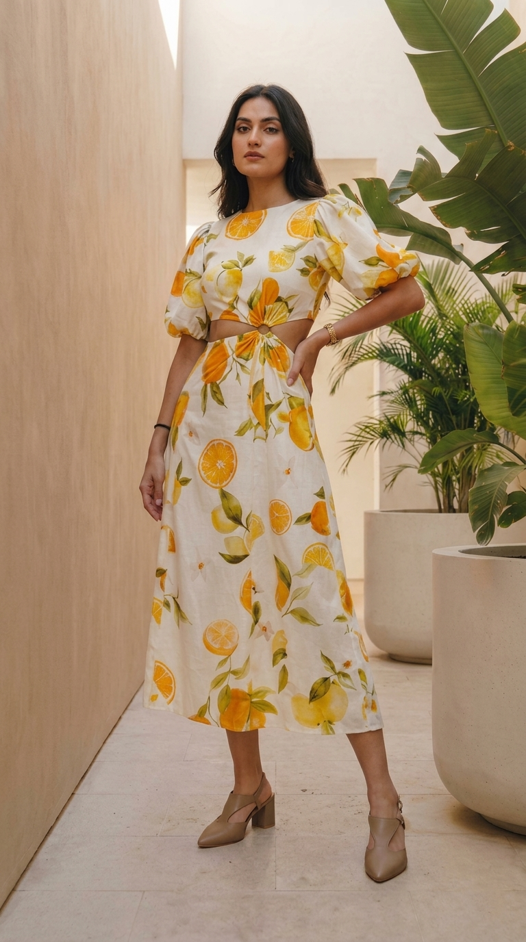 Elegant Citrus Printed Cut-Out Dress