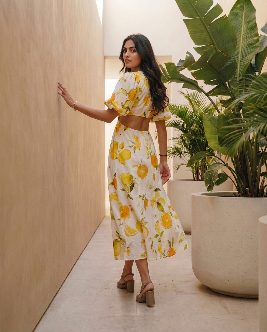 Elegant Citrus Printed Cut-Out Dress