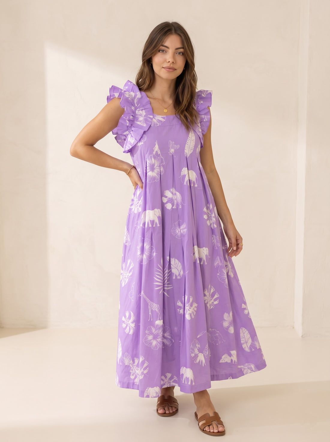 Lavender Tropical Safari Print Maxi Dress