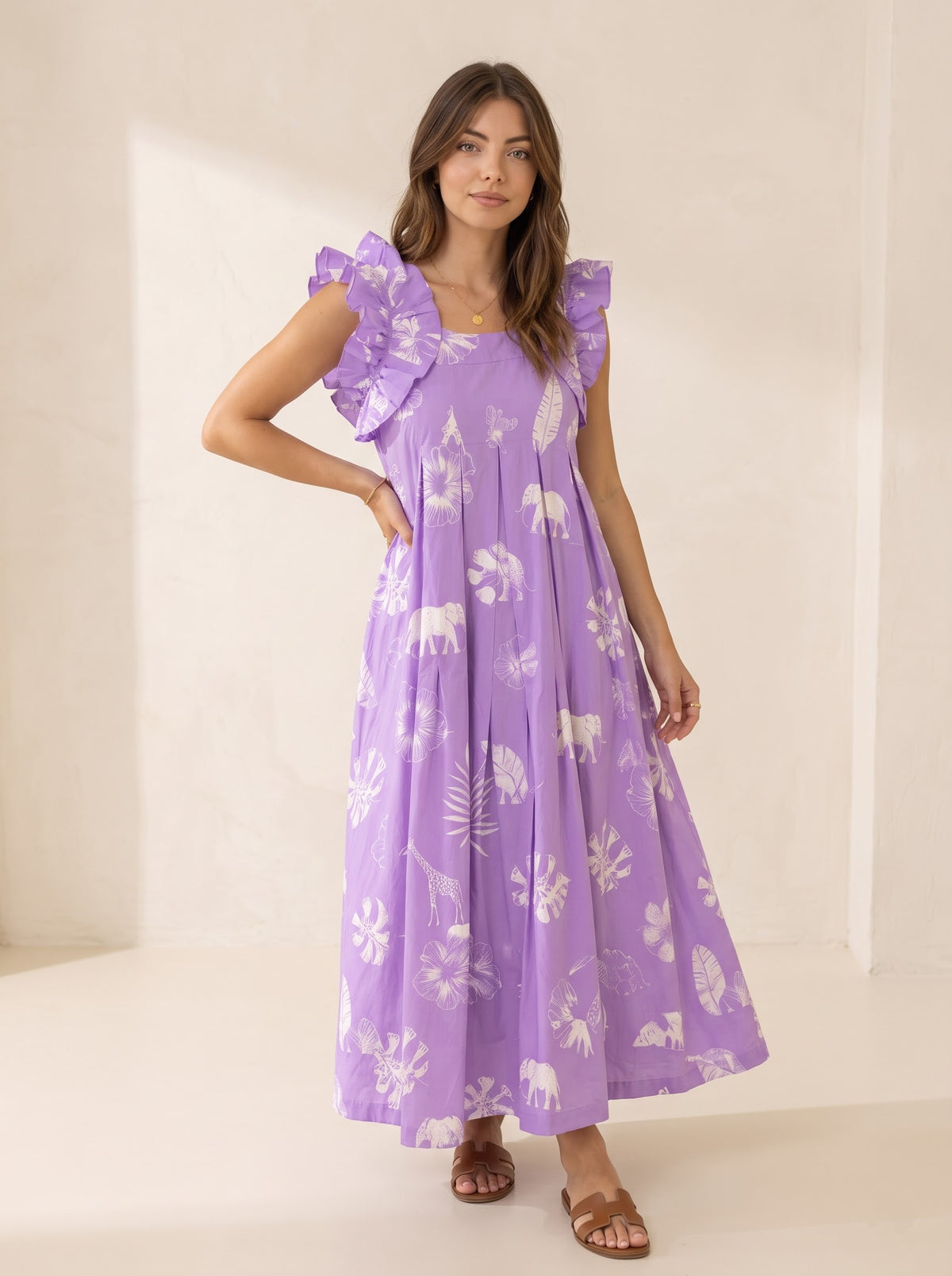 Lavender Tropical Safari Print Maxi Dress