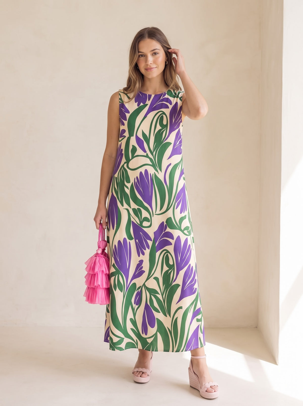 Purple &amp; Green Floral Print Maxi Dress