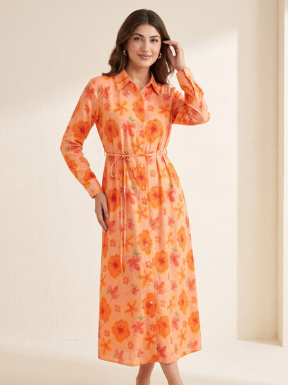 Peach Floral Belted Dress