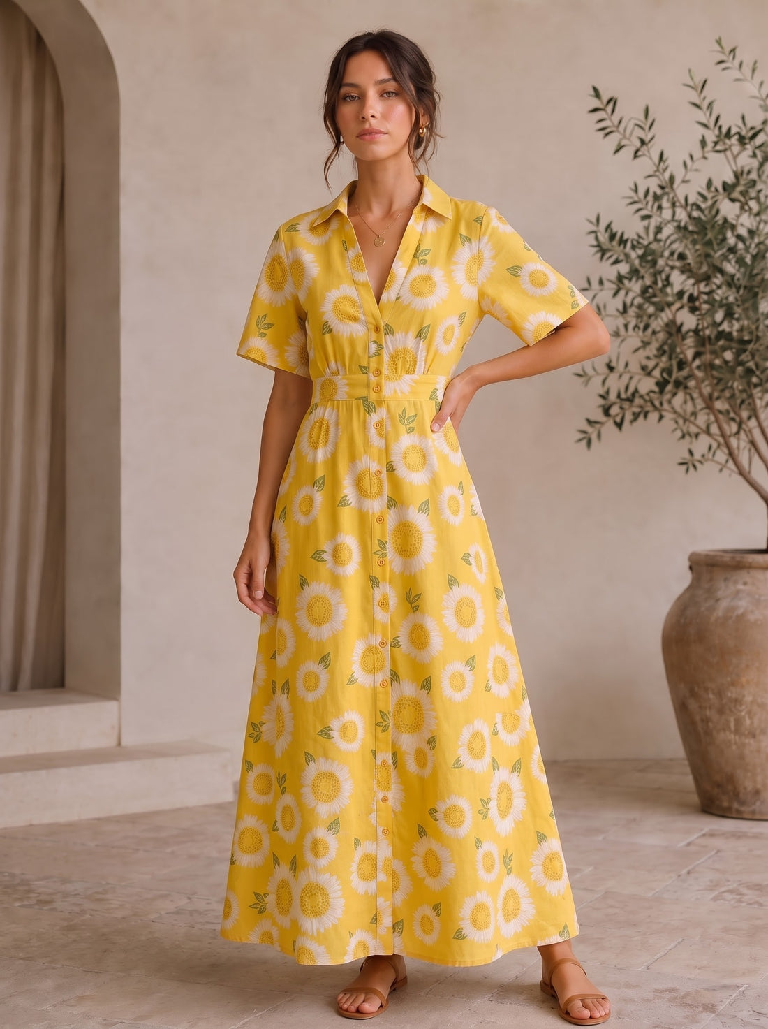 Yellow Sunflower Button-Down Maxi Dress