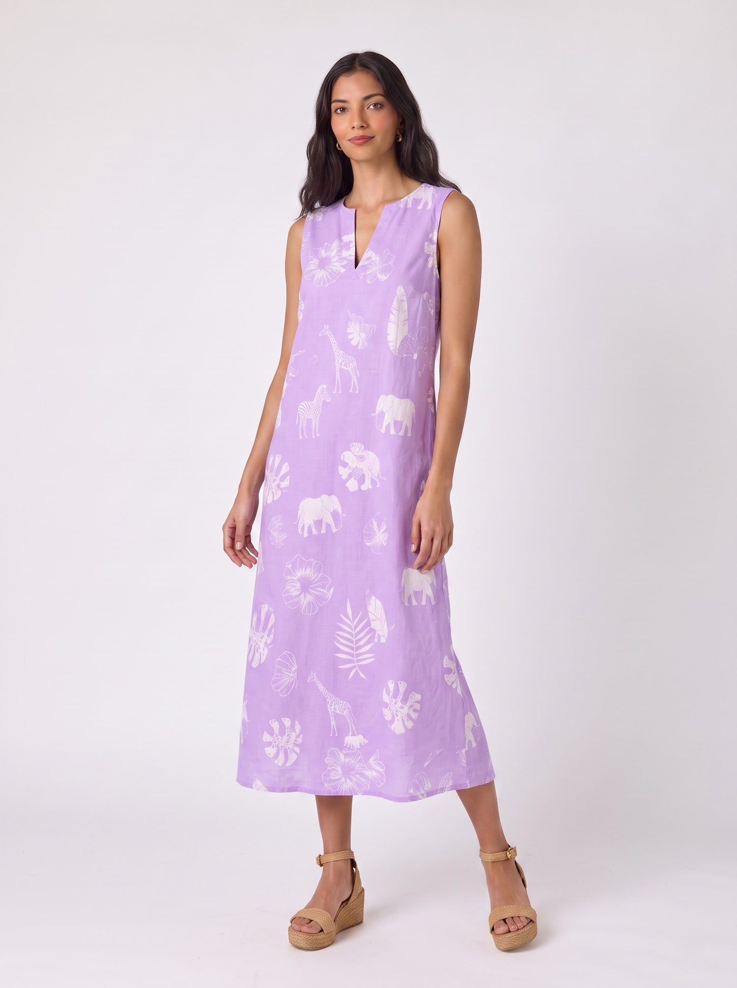 Lavender Safari Print Sleeveless Midi Dress