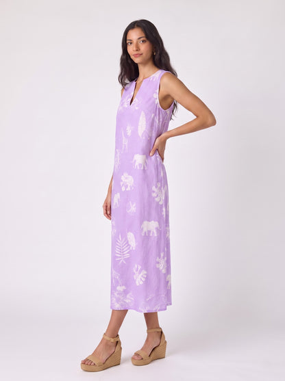 Lavender Safari Print Sleeveless Midi Dress
