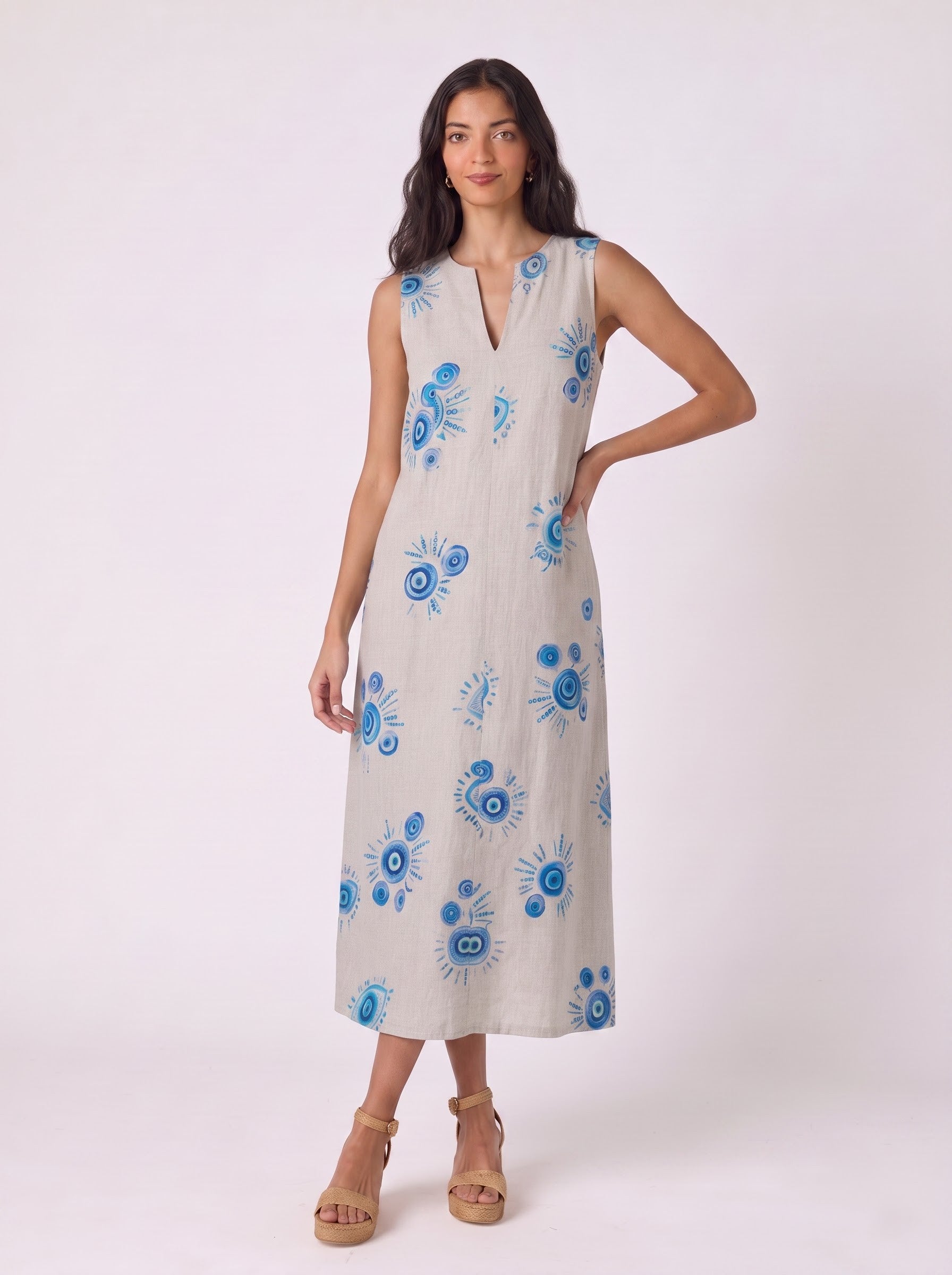 Evil Eye Print Sleeveless Midi Dress