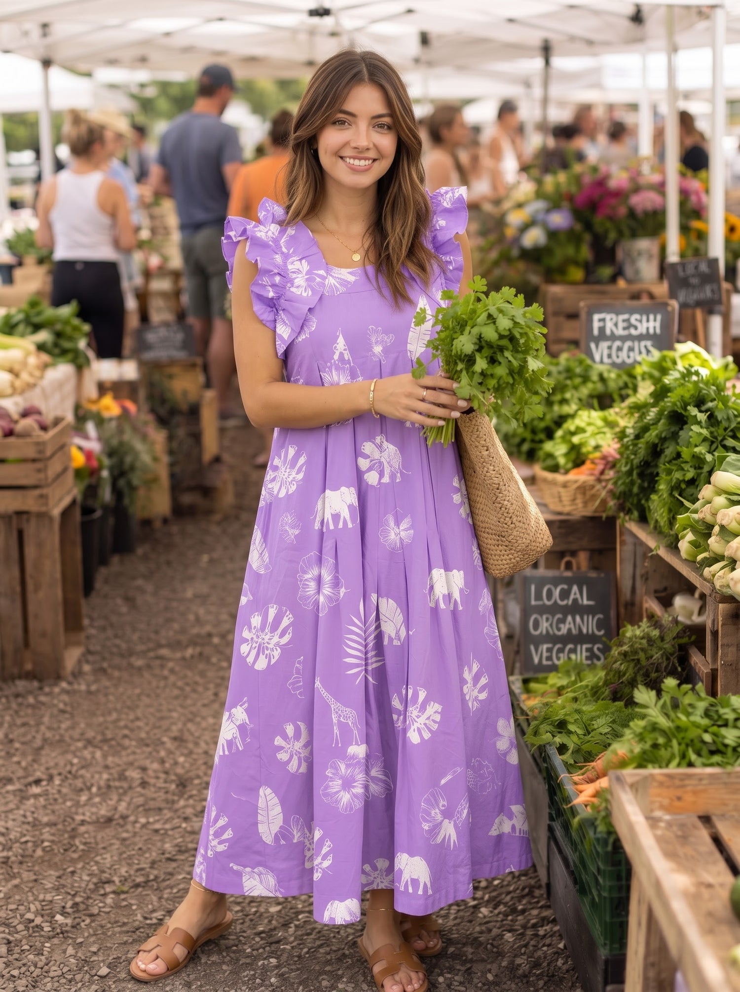 Lavender Tropical Safari Print Maxi Dress