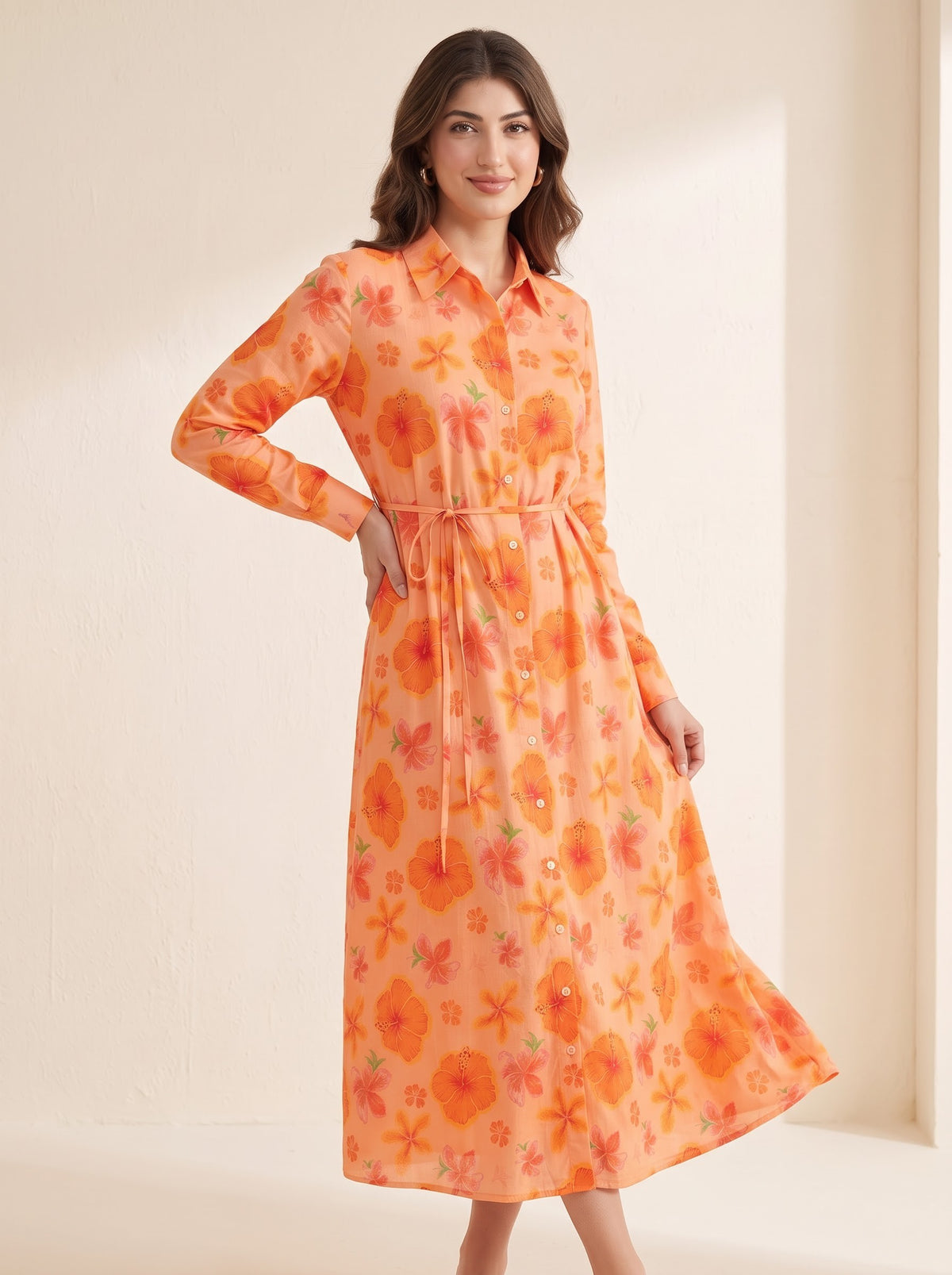 Peach Floral Belted Dress