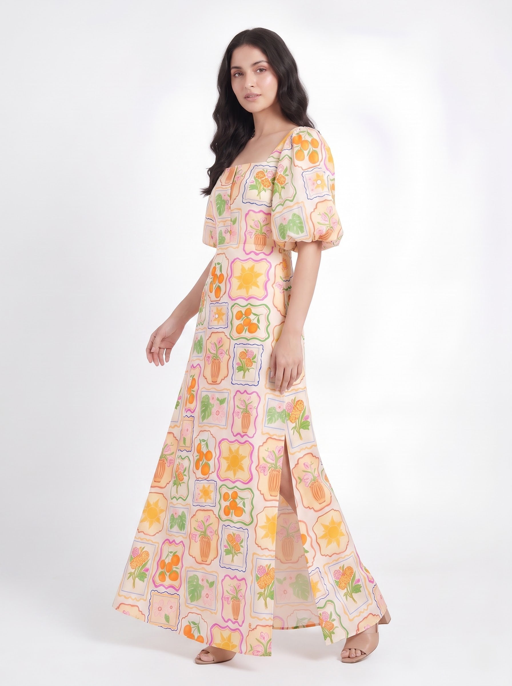 Ivory Multicolor Printed Puff Sleeve Maxi Dress