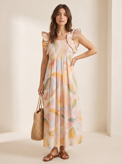 Pastel Abstract Leaf Print Maxi Dress