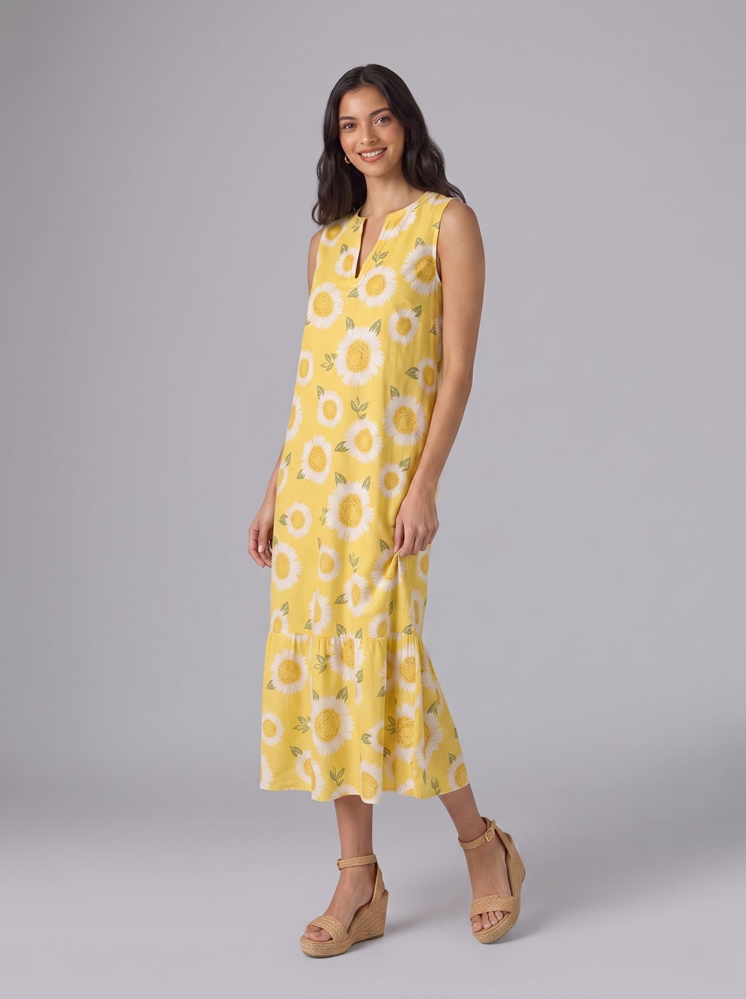 Yellow Sunflower Print Sleeveless Midi Dress
