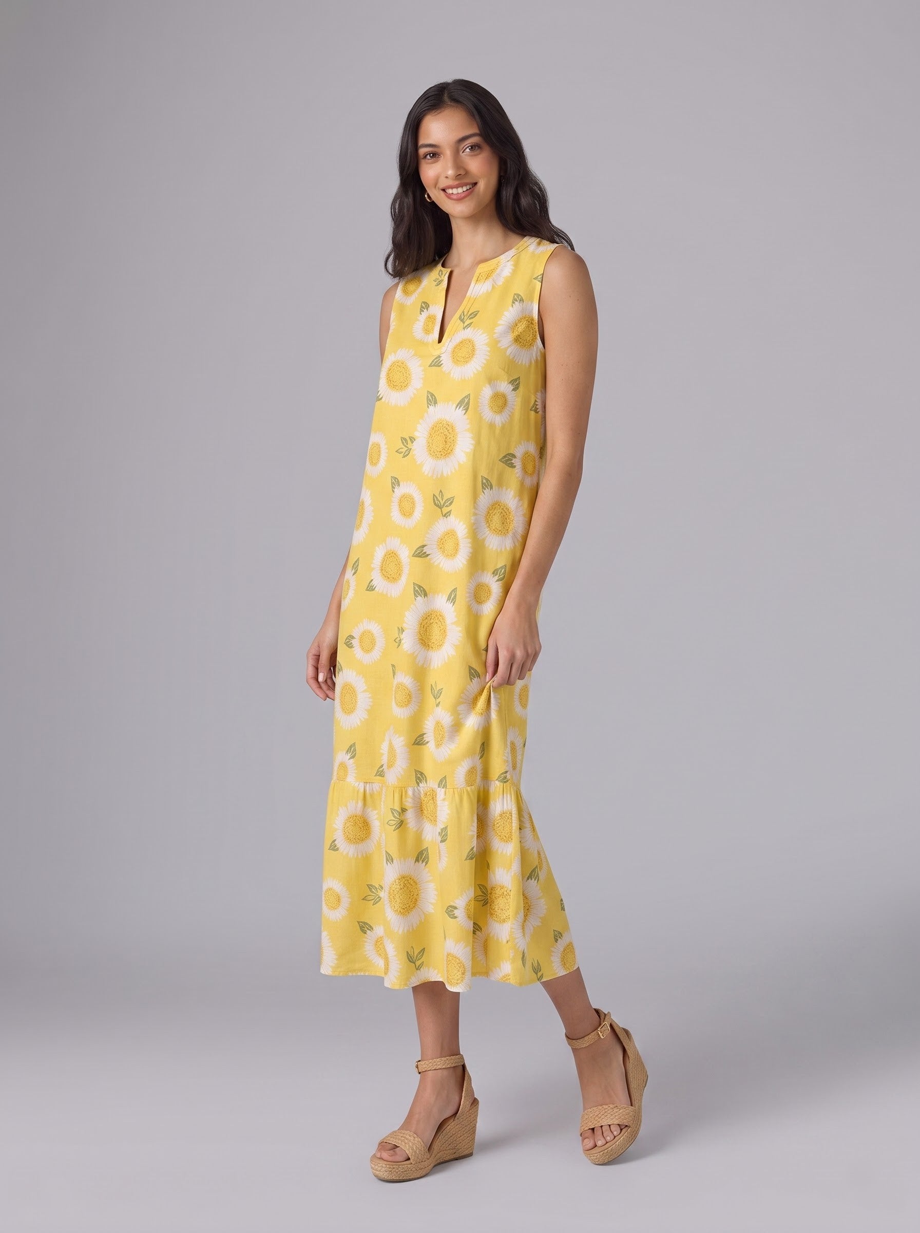 Yellow Sunflower Print Sleeveless Midi Dress