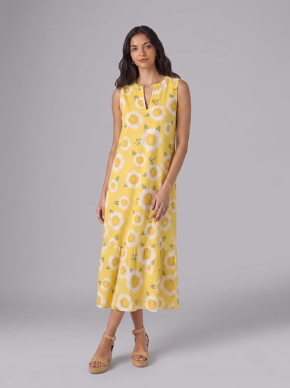 Yellow Sunflower Print Sleeveless Midi Dress