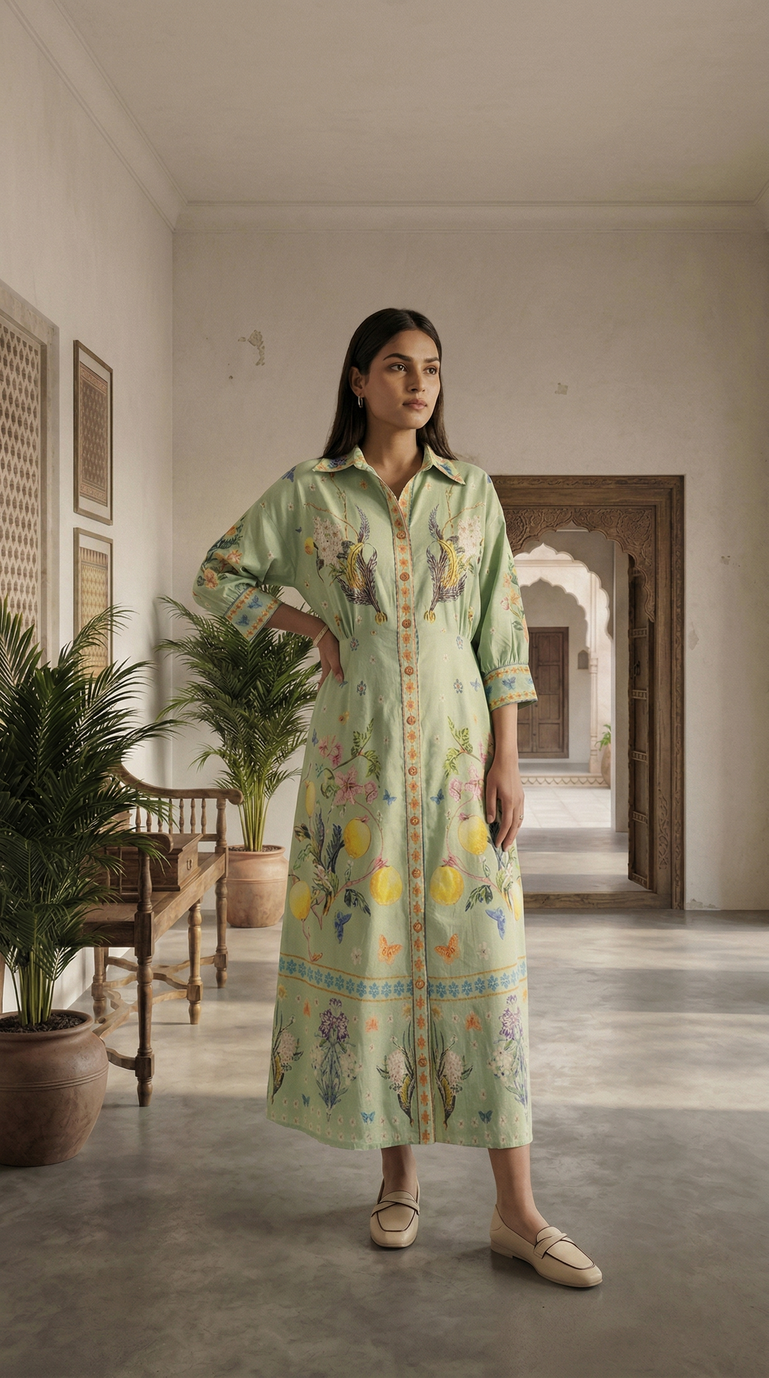 Floral Green Shirt Printed Dress