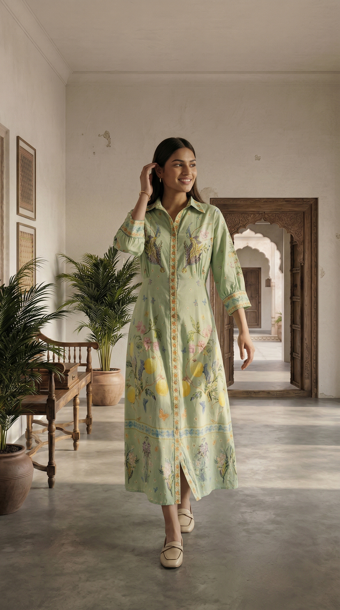 Floral Green Shirt Printed Dress