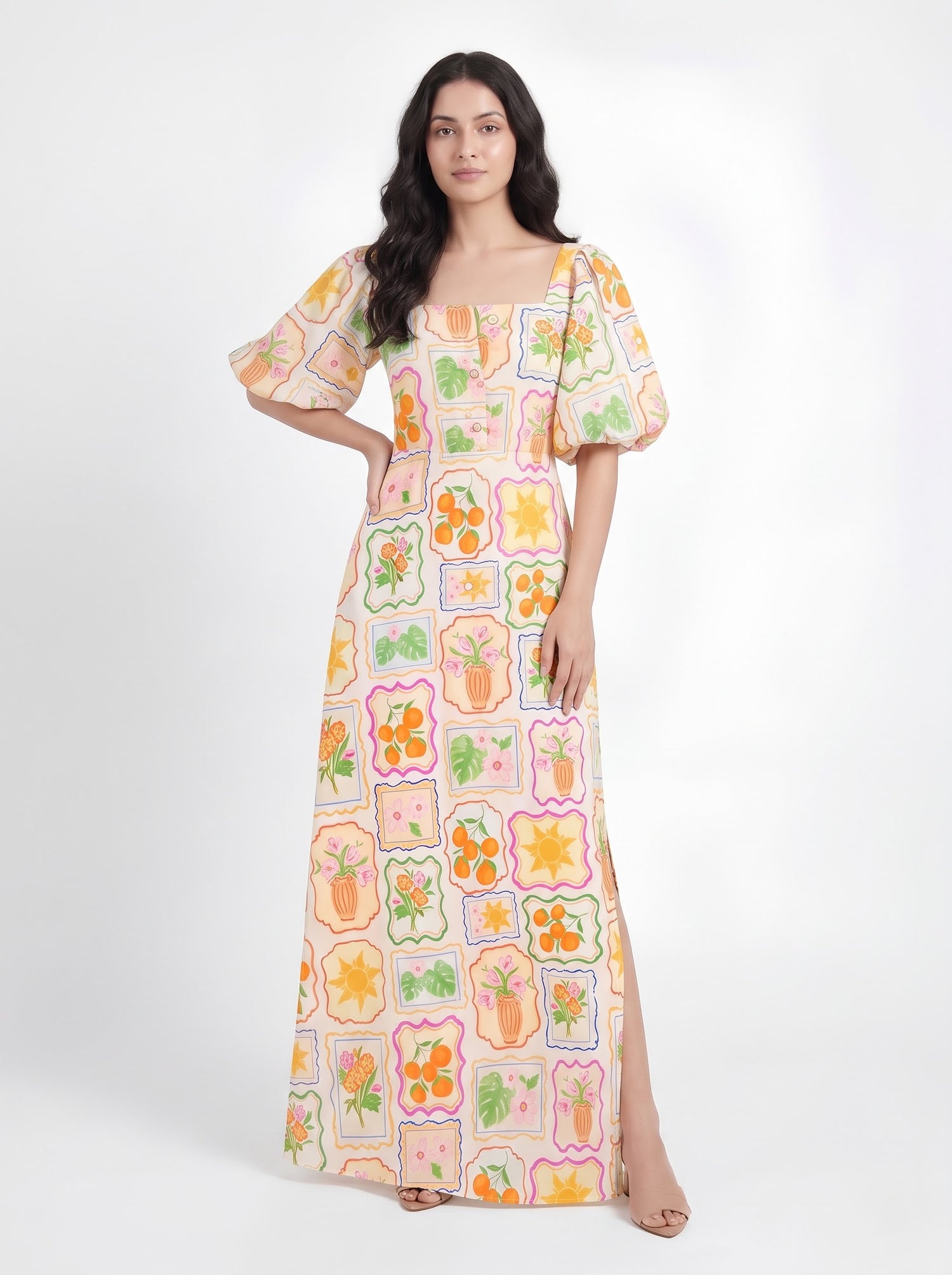 Ivory Multicolor Printed Puff Sleeve Maxi Dress
