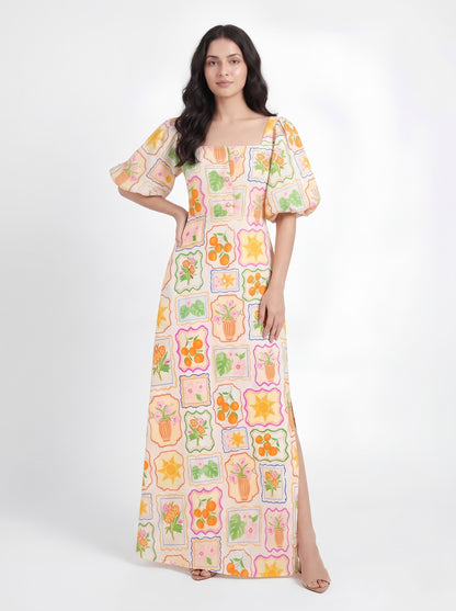 Ivory Multicolor Printed Puff Sleeve Maxi Dress