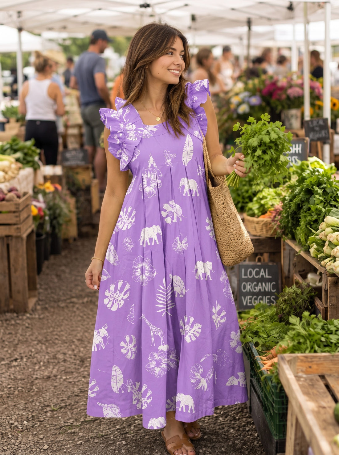 Lavender Tropical Safari Print Maxi Dress