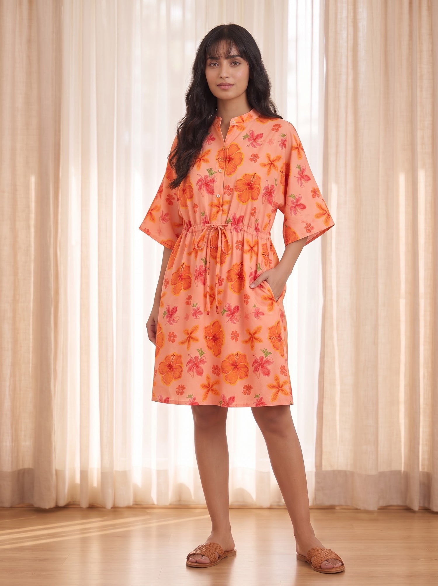 Peach Floral Print Shirt Dress