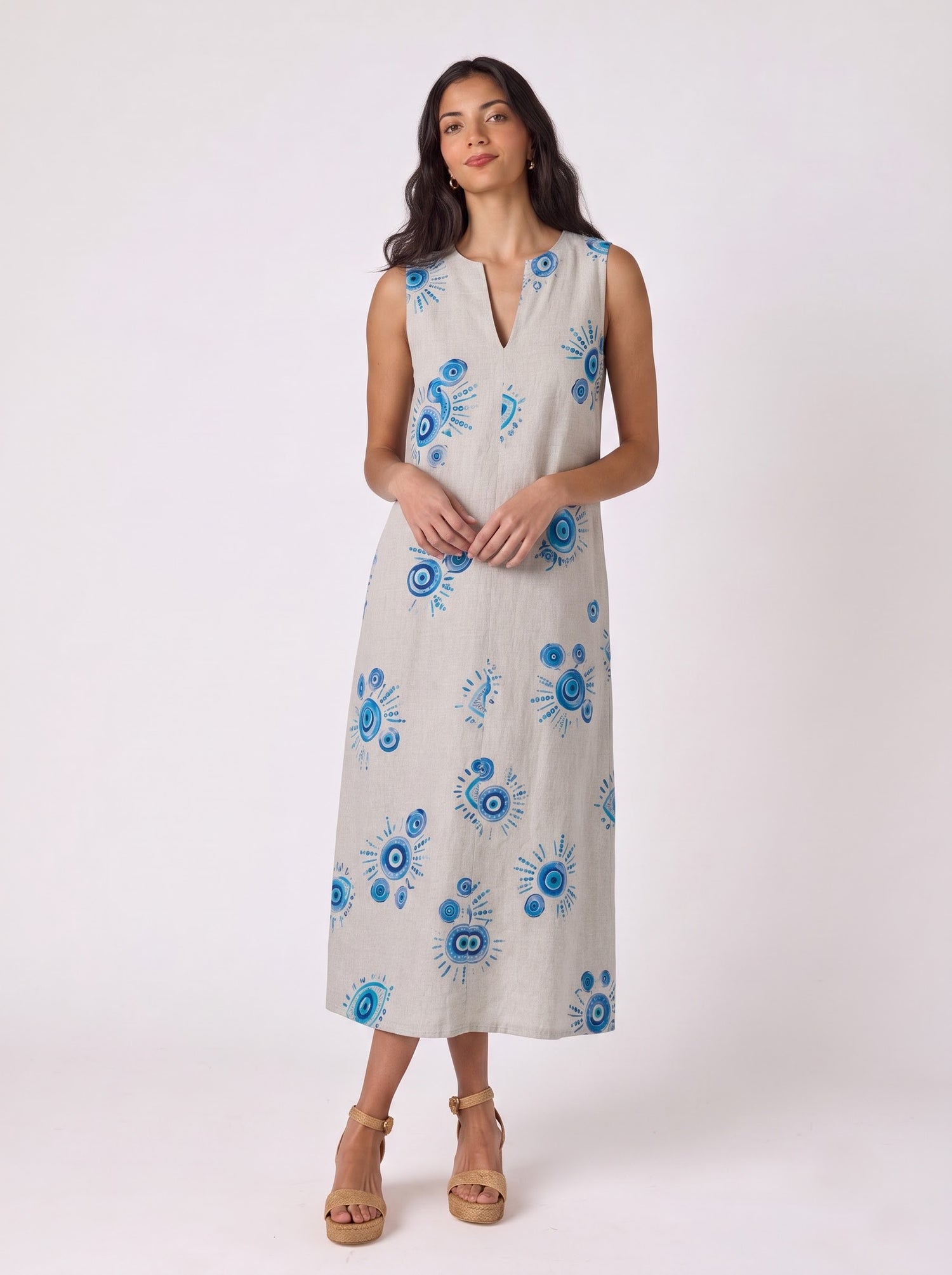 Evil Eye Print Sleeveless Midi Dress