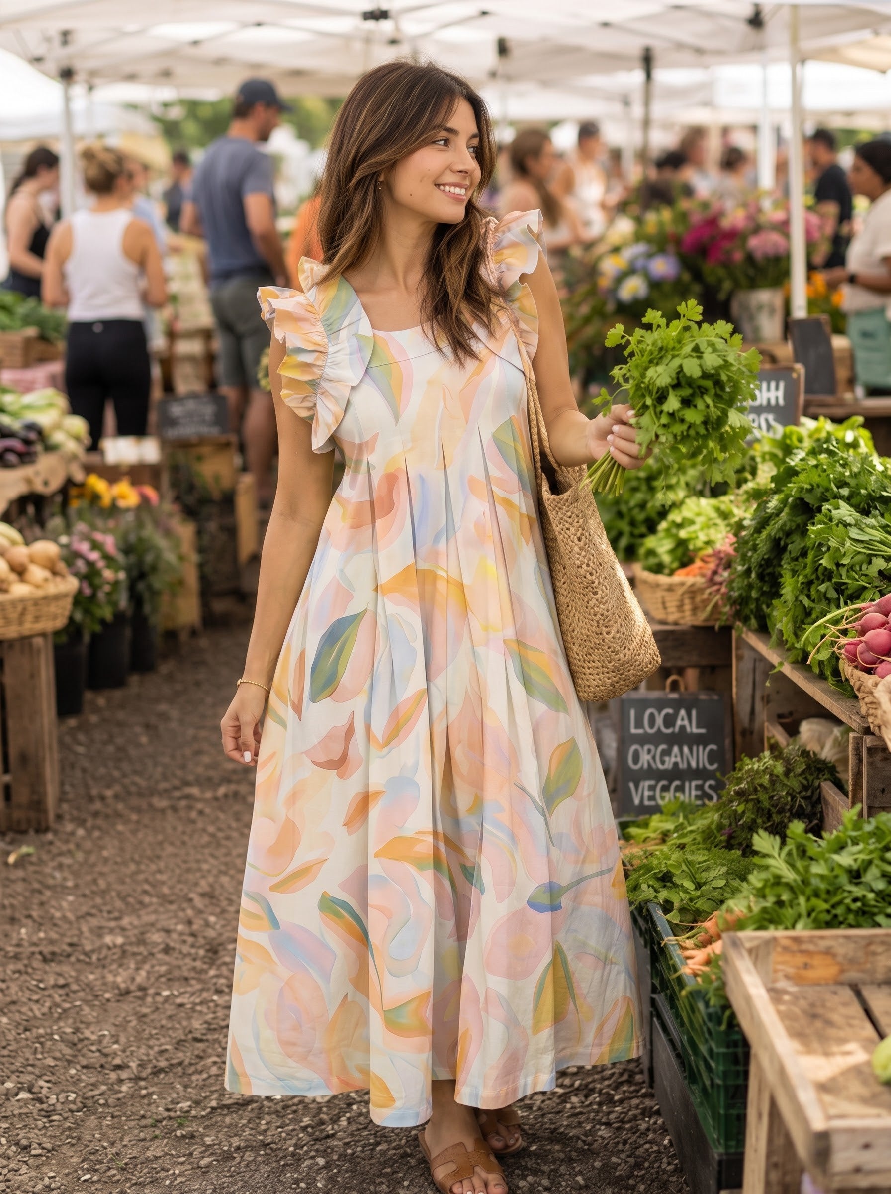 Pastel Abstract Leaf Print Maxi Dress