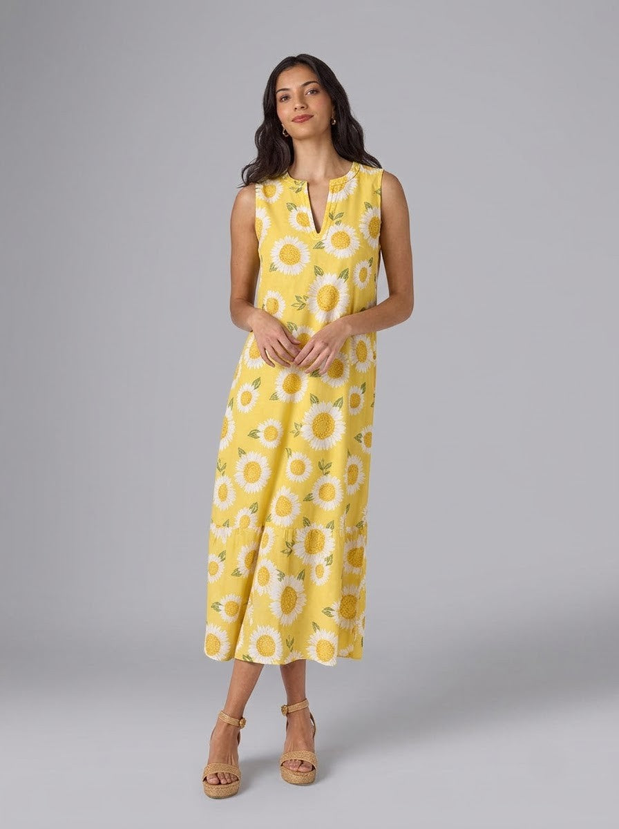 Yellow Sunflower Print Sleeveless Midi Dress