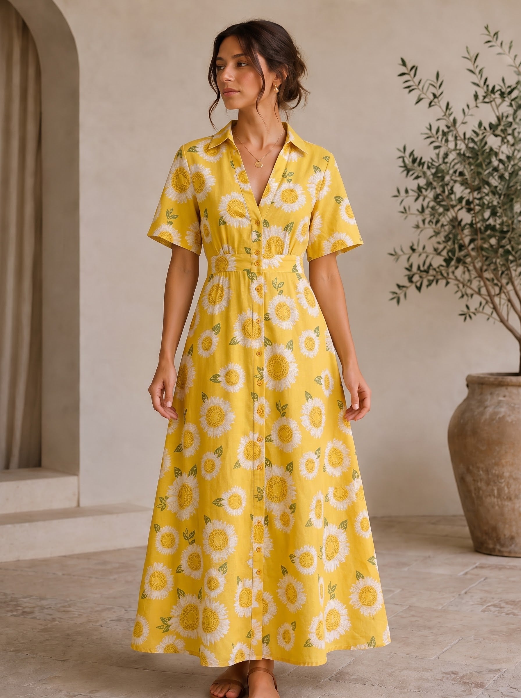 Yellow Sunflower Button-Down Maxi Dress