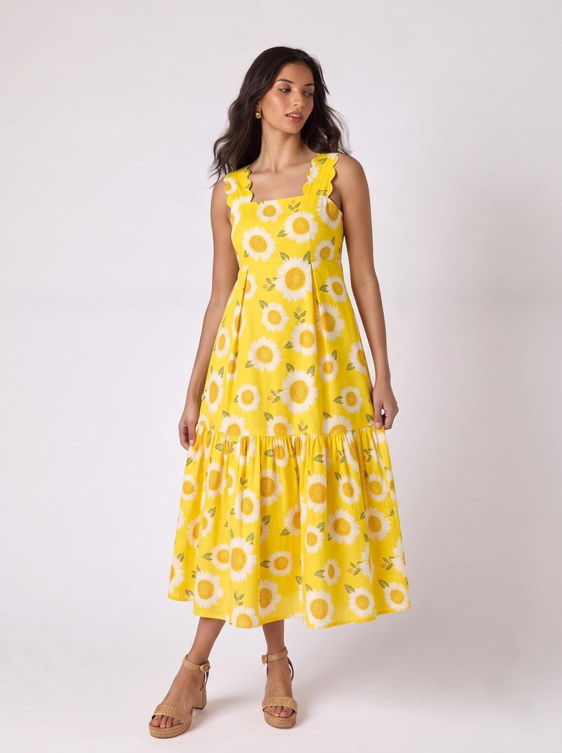 Yellow Sunflower Ruffle Strap Maxi Dress