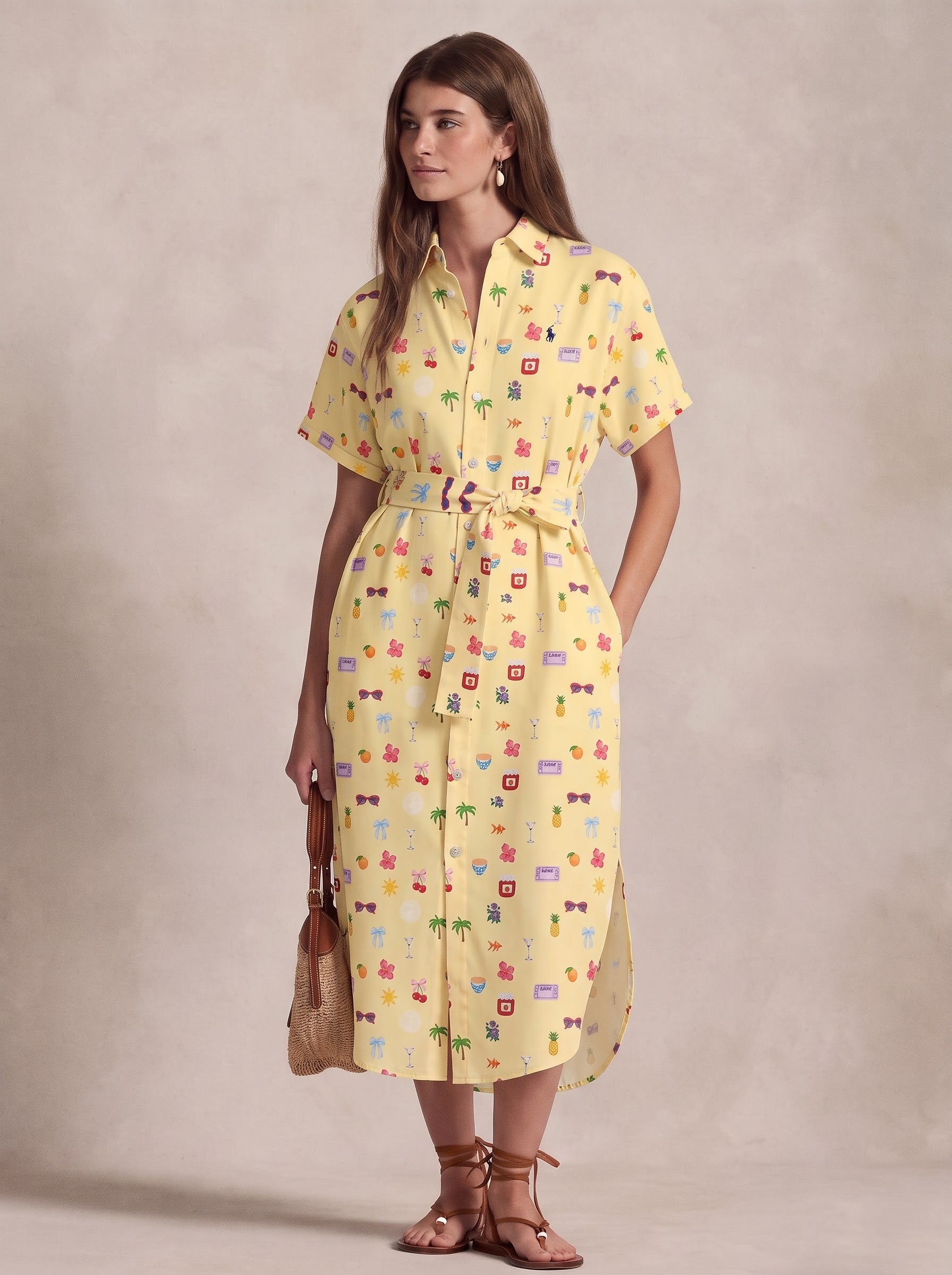 Yellow Printed Belted Shirt Midi Dress