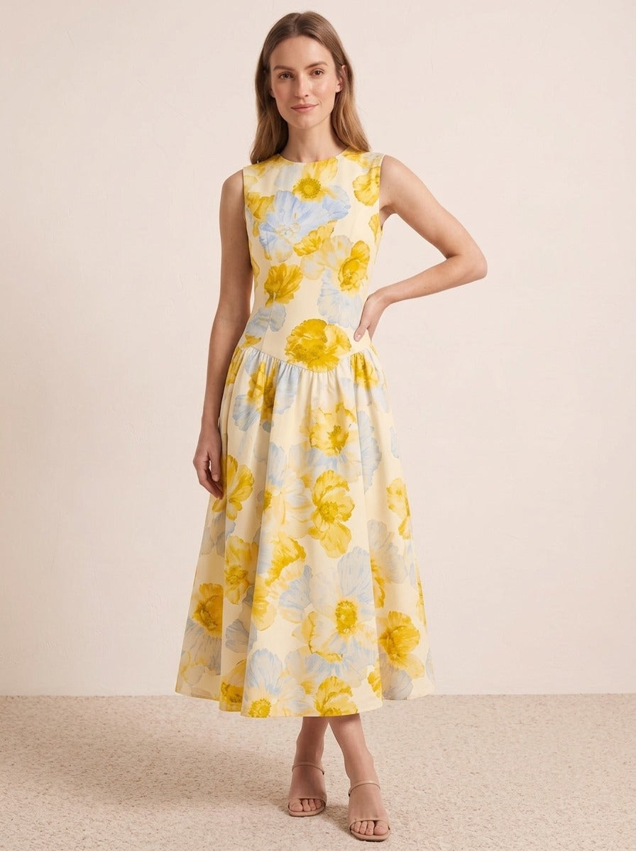 Yellow Floral Fit & Flare Midi Dress
