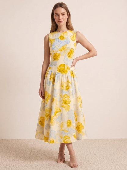 Yellow Floral Fit &amp; Flare Midi Dress