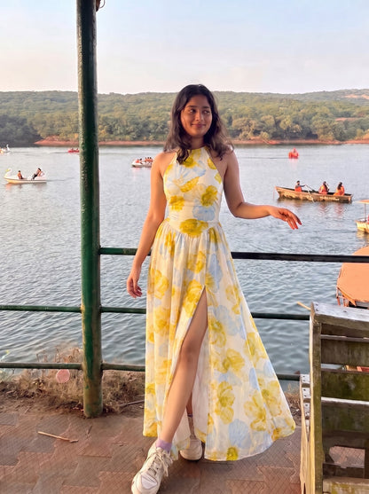 Yellow Floral Halter Neck Maxi Dress