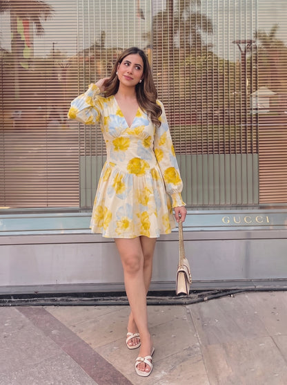 Yellow Floral V-Neck Mini Dress