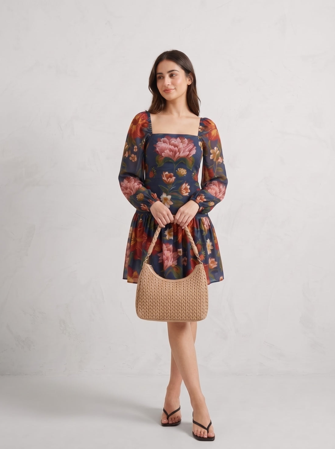 deep blue Floral Printed  Mini Dress