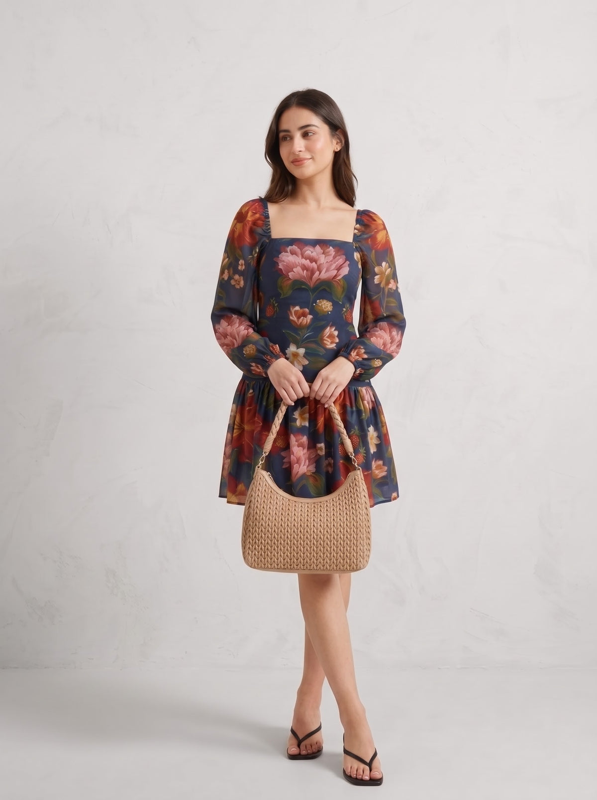 deep blue Floral Printed  Mini Dress