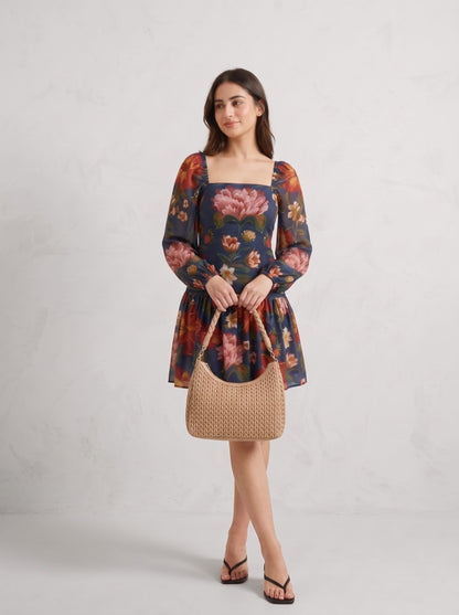 deep blue Floral Printed  Mini Dress