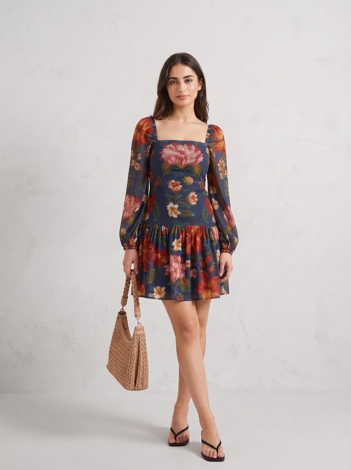 deep blue Floral Printed  Mini Dress
