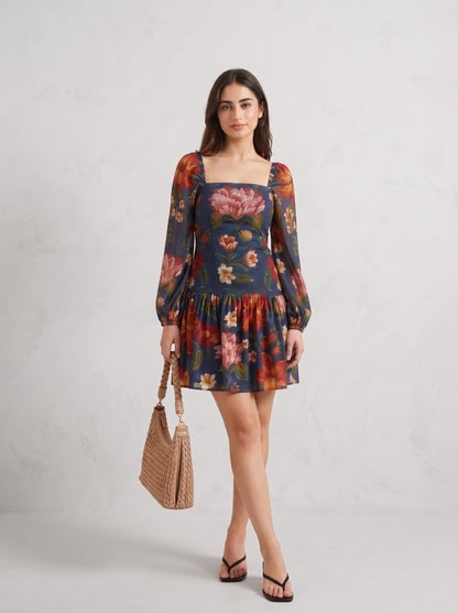 deep blue Floral Printed  Mini Dress