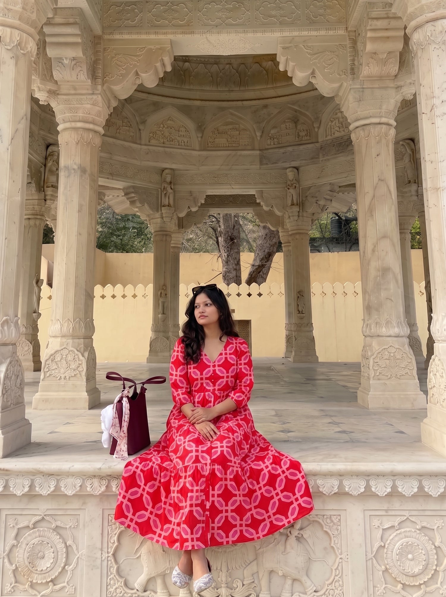 Pink Geometric Print Tiered Dress