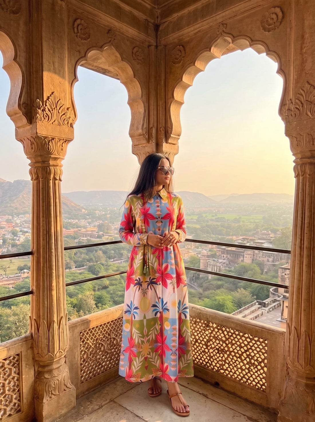 Multicolor Tropical Print Belted Maxi Dress